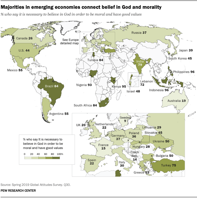 A map showing that majorities in emerging economies connect belief in God and morality